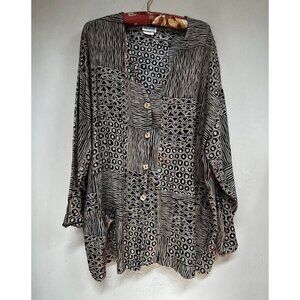Sequel by Sharon Anthony Geometric Print V-Neck Button Front Top Size 12 Black